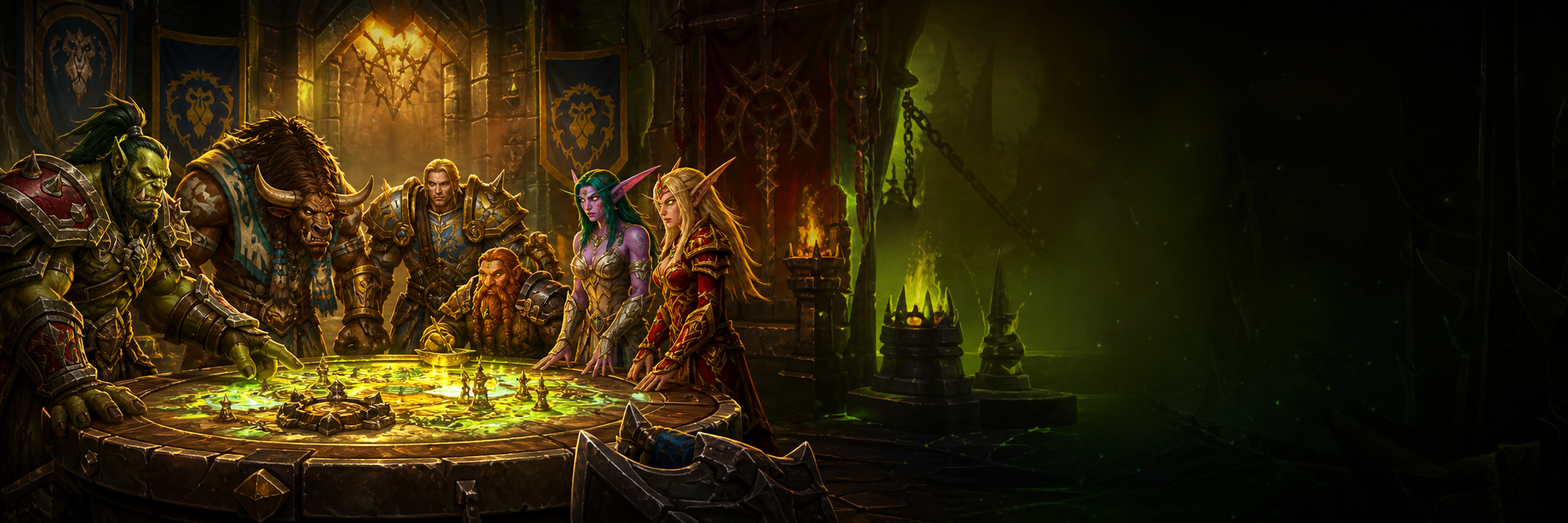 Alliance and Horde heroes gathered around a mission table